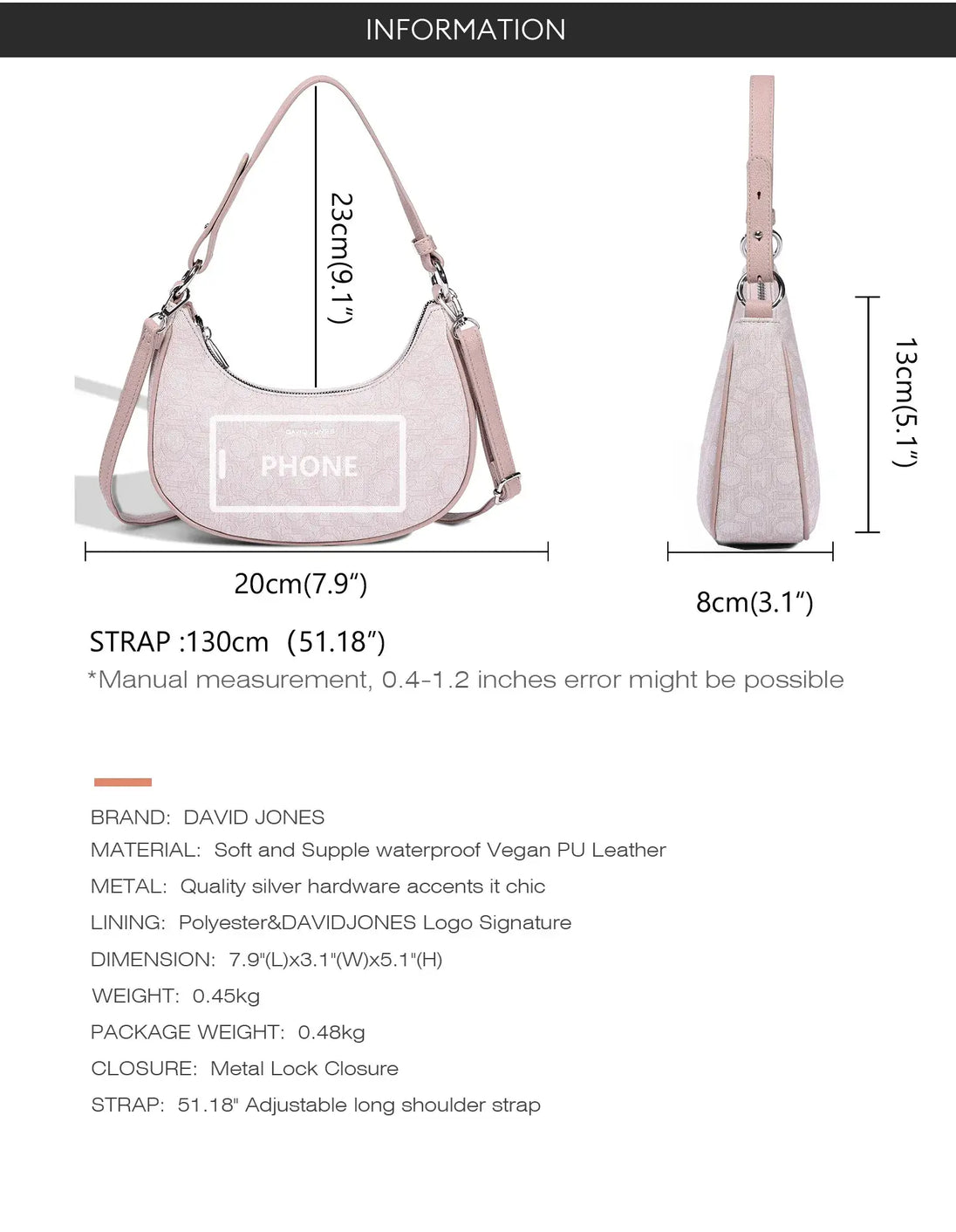 Women’s Leather Half Moon Bag in pink, versatile shoulder bag with tassel decoration and multiple pockets.