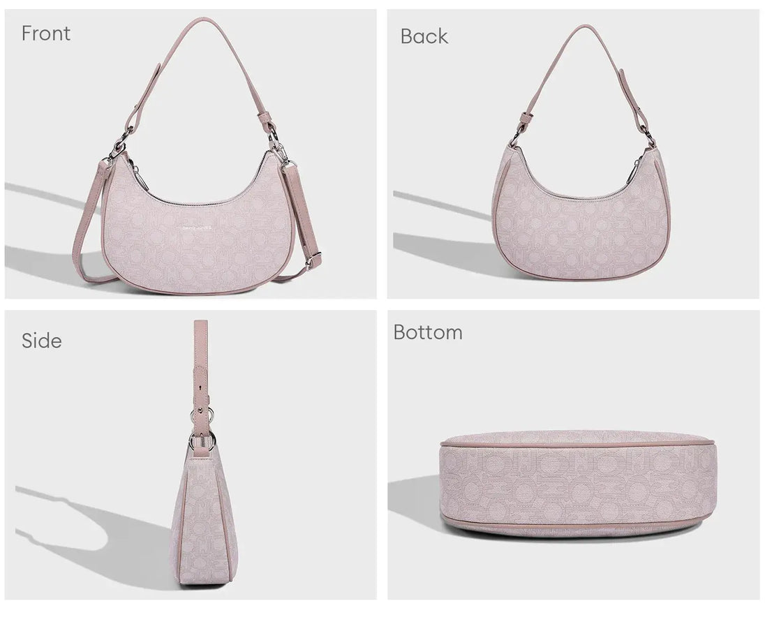 Women’s Leather Half Moon Bag in pink, showcasing front, back, side, and bottom views. Stylish shoulder handbag.