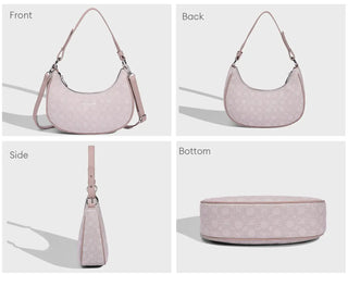 Women’s Leather Half Moon Bag in pink, showcasing front, back, side, and bottom views. Stylish shoulder handbag.