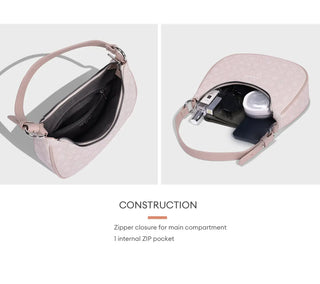 Women’s Leather Half Moon Bag in pink, shoulder bag with zipper closure and internal pockets.