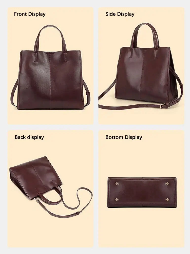 Structured elegant leather handbag in dark burgundy, showcasing front, side, back, and bottom displays.