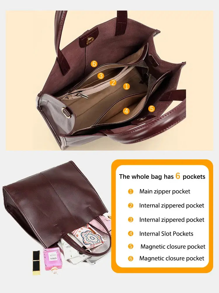 Structured Elegant Leather Handbag - Interior with 6 pockets including zipper and magnetic closures, rich brown color.