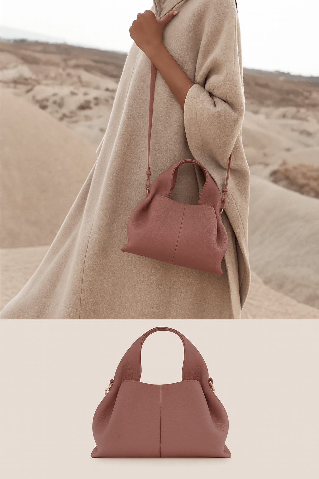 Hobo shoulder bag in a modern design, showcasing a relaxed silhouette and charol material, worn with a stylish outfit.