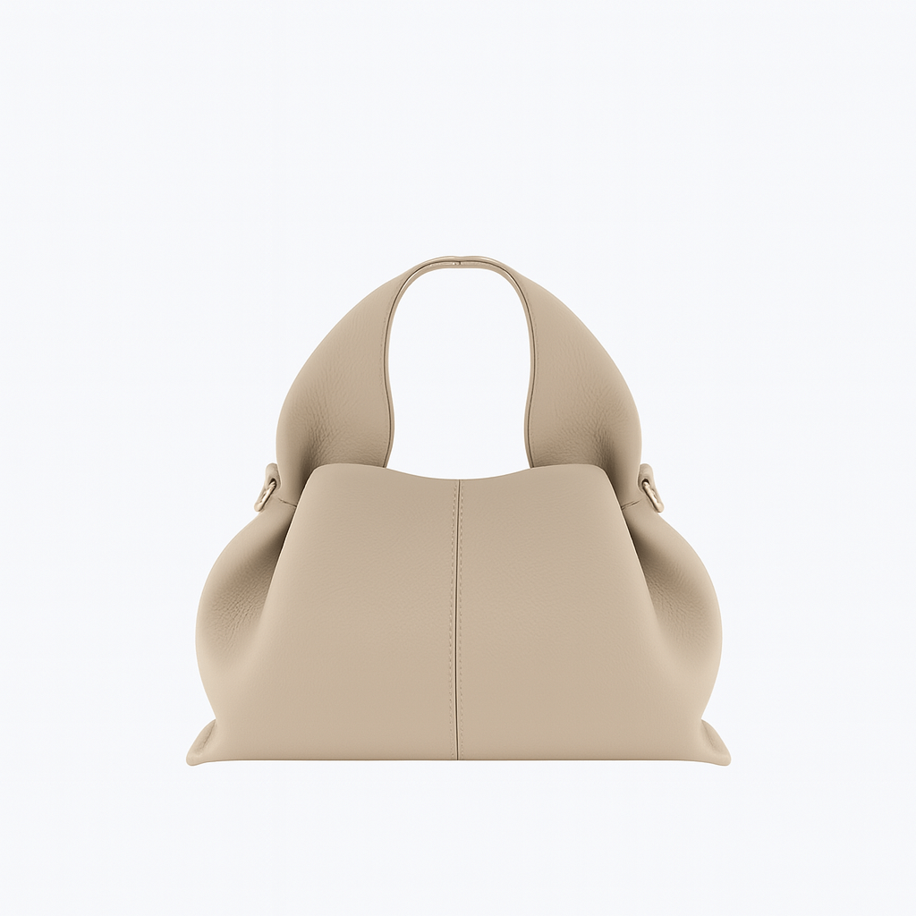Hobo shoulder bag with modern design in beige charol material, featuring a relaxed silhouette and trendy look.