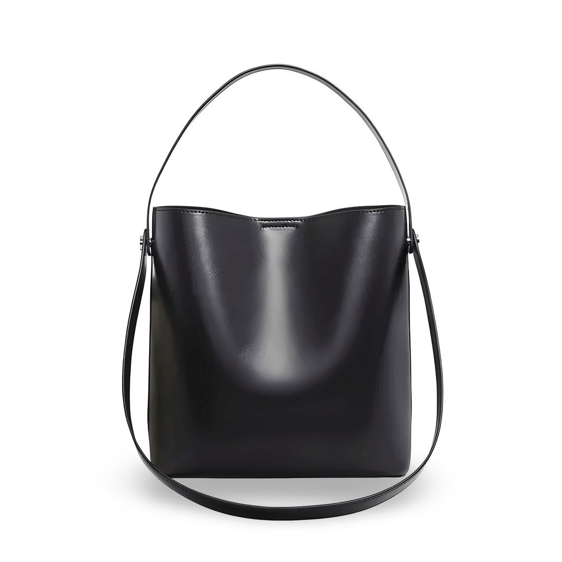 Women's black minimalist leather shoulder bag with top handle and crossbody strap.