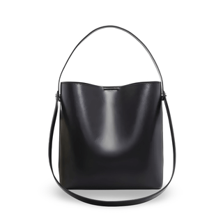 Women's black minimalist leather shoulder bag with top handle and crossbody strap.