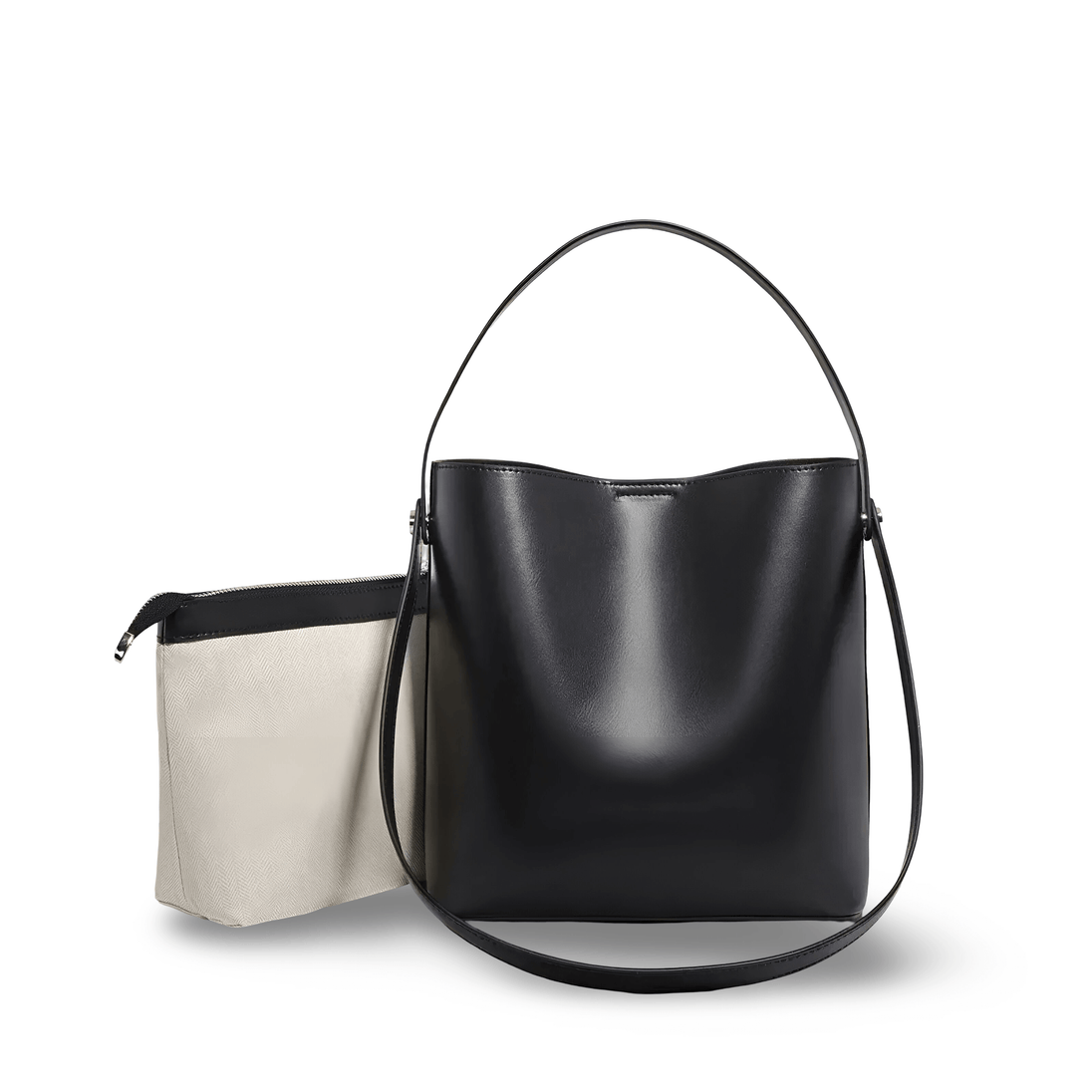 Black leather shoulder bag with top handle and crossbody strap, minimalistic design and spacious interior.