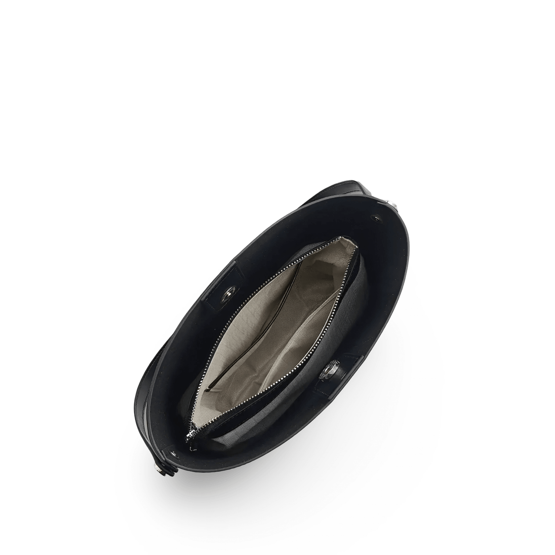 Black leather shoulder bag interior view, spacious design with interior pockets for organization.