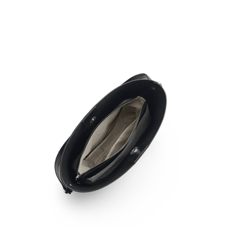 Black leather shoulder bag interior view, spacious design with interior pockets for organization.