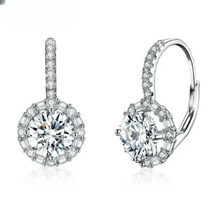 Women's moissanite hoop earrings in sterling silver, featuring 1.0ct round stones and zircon accents for elegance.