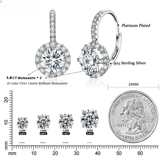Women’s Moissanite Hoop Earrings in 925 Sterling Silver, featuring 1.0ct round stones and platinum plating for elegance.