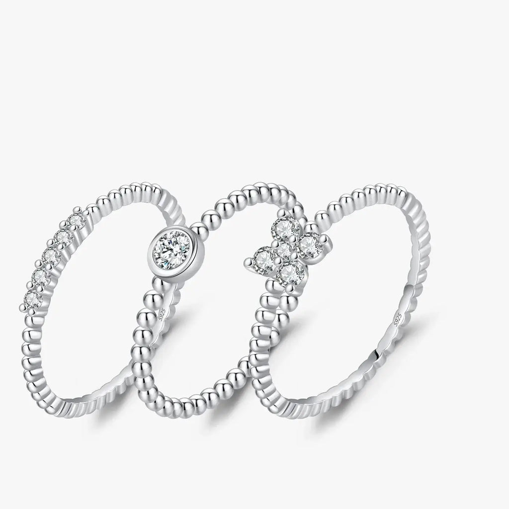 Geometric Cocktail Ring 925 Sterling Silver set of three rings showcasing moissanite stones and a stylish design.