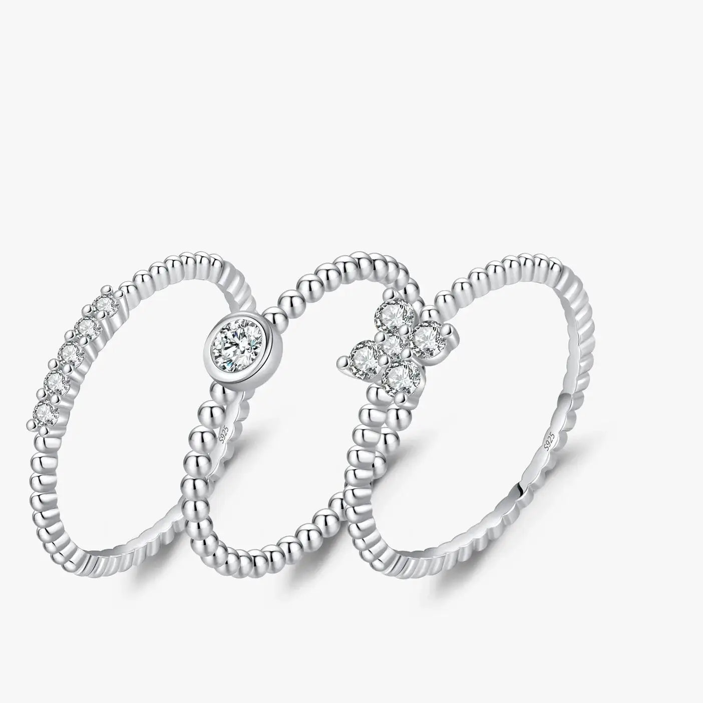 Geometric Cocktail Ring 925 Sterling Silver set of three rings showcasing moissanite stones and a stylish design.