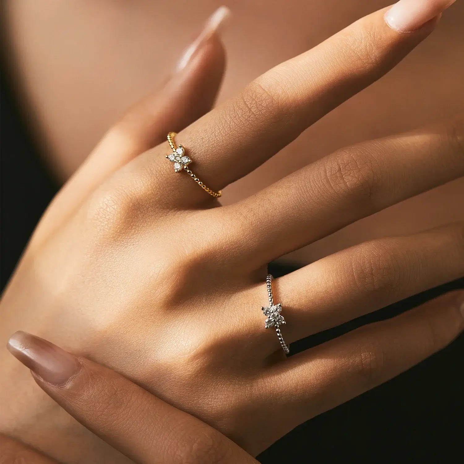 Geometric Cocktail Ring 925 Sterling Silver worn on hand, showcasing elegance and sparkle with moissanite stones.