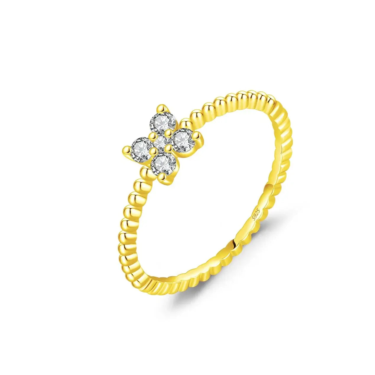Geometric Cocktail Ring 925 Sterling Silver with sparkling moissanite stones in yellow gold setting.