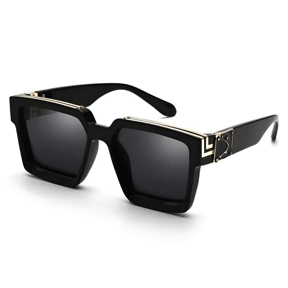 Women's oversized black square sunglasses with gold detail, trendy eyewear for outdoor use.