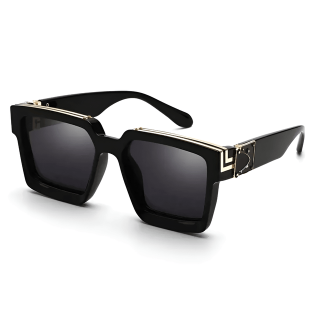 Women's oversized black square sunglasses with gold detail, trendy eyewear for outdoor use.