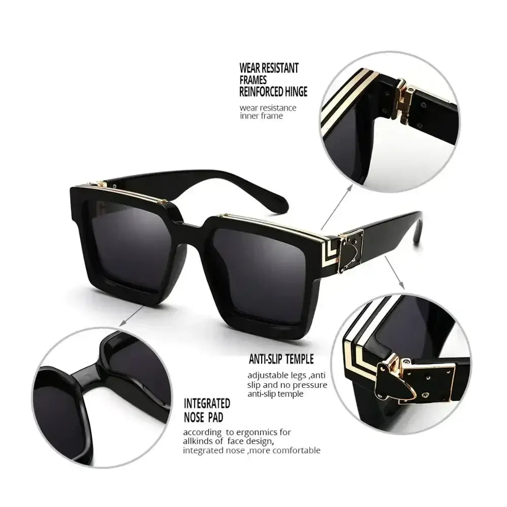 Women's oversized black square sunglasses with gold details, wear-resistant frames and integrated nose pad.