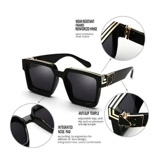 Women's oversized black square sunglasses with gold details, wear-resistant frames and integrated nose pad.