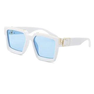 White oversized square sunglasses with blue lenses and gold detail, stylish eyewear for fashion and outdoor activities.