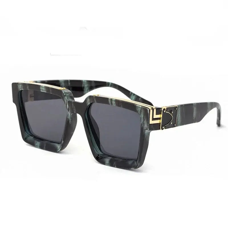 Women's oversized black square sunglasses with gold detail, trendy fashion eyewear for outdoor use.