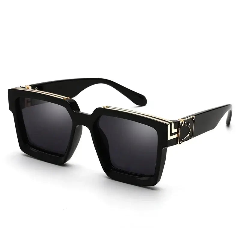 Women's oversized black square sunglasses with gold detail, trendy fashion eyewear, UV400 protection.