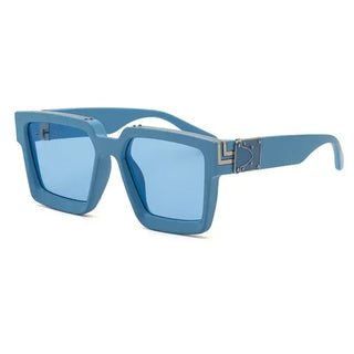 Trendy blue oversized square sunglasses for outdoor fashion, featuring mirror lenses and unique detailing.