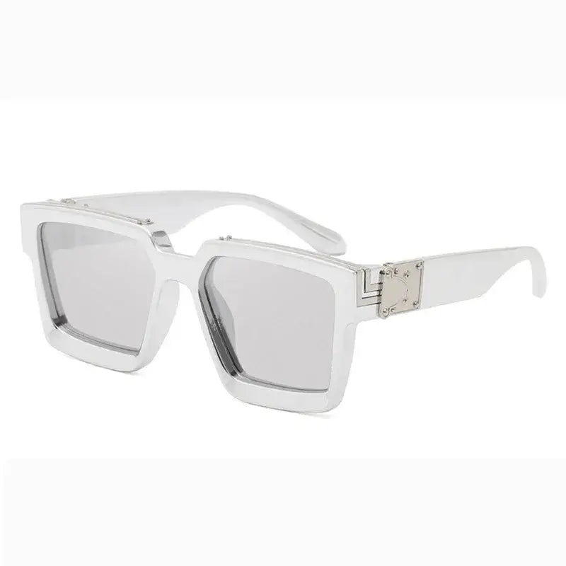 Oversized white square sunglasses with mirrored lenses and silver detail, perfect for outdoor fashion.