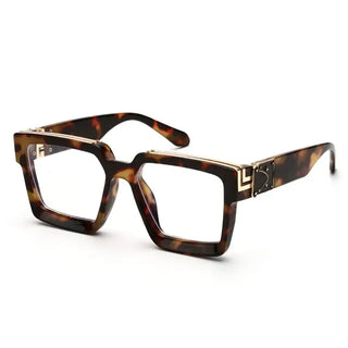 Brown oversized square eyeglasses with gold detail, trendy fashion eyewear for adults.