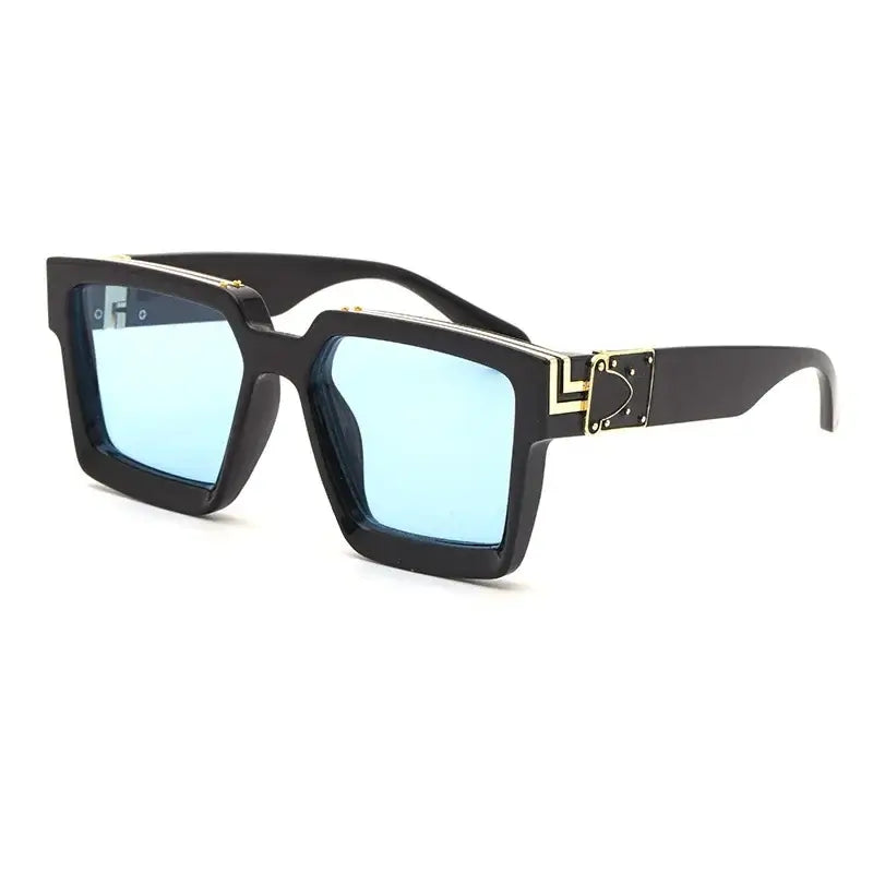 Women's oversized black square sunglasses with gold detail and blue mirror lenses, trendy UV400 eyewear.