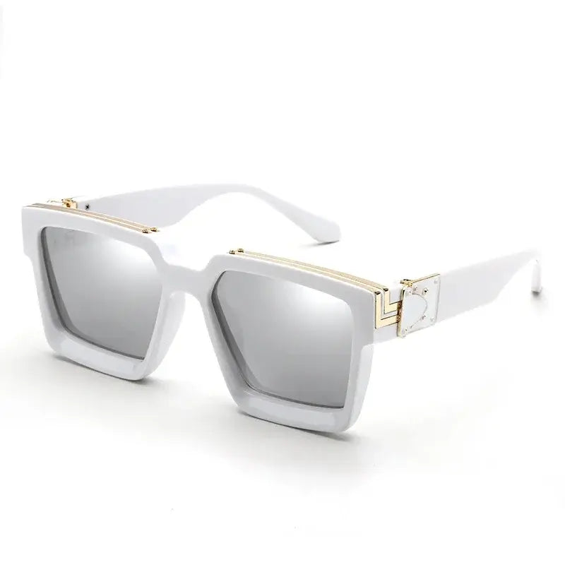 White square sunglasses with gold detail, trendy fashion eyewear for outdoor use. UV400 mirrored lenses included.