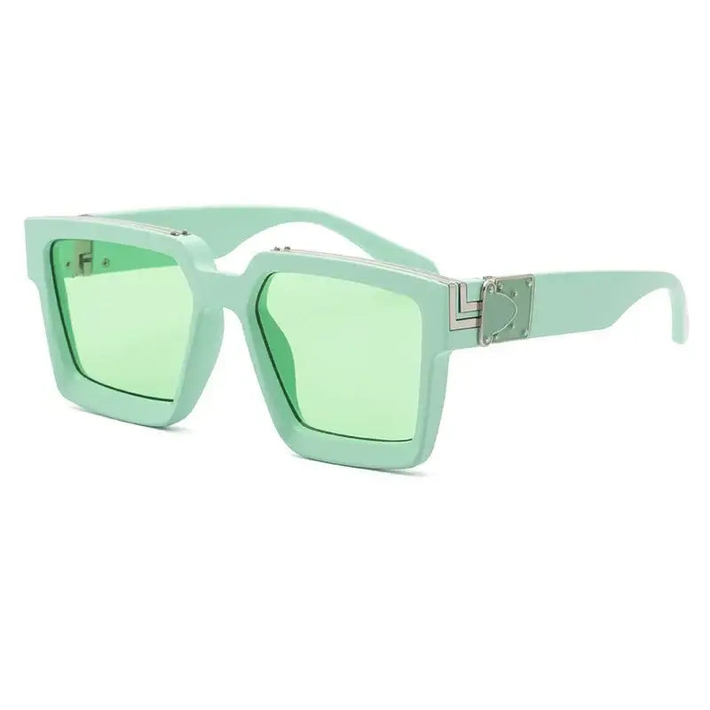 Mint green oversized square sunglasses with tinted lenses, trendy eyewear for outdoor fashion.