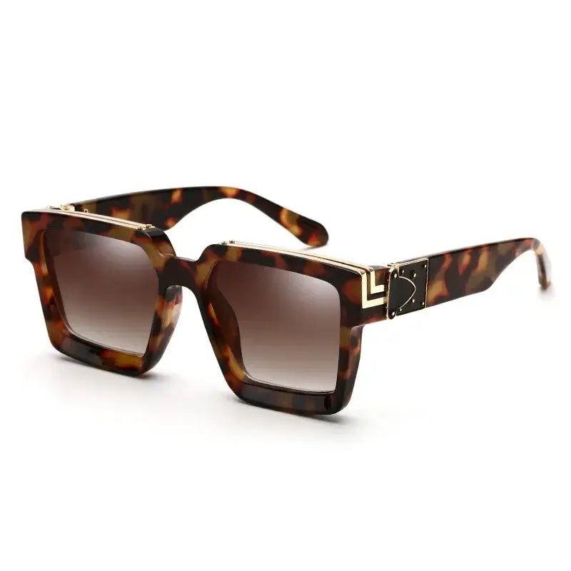 Tortoise square sunglasses with gold detail, trendy eyewear for adults, UV400 lenses, stylish fashion accessory.