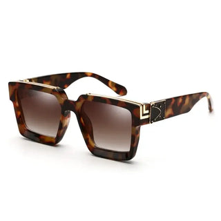 Tortoise square sunglasses with gold detail, trendy eyewear for adults, UV400 lenses, stylish fashion accessory.