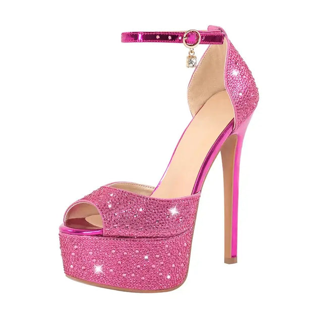 Women's High Heel Sandals featuring pink sequined ankle strap and platform for glamorous evening wear.