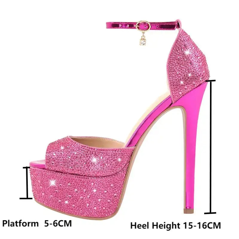 Women's High Heel Sandals pink glitter ankle strap stiletto with platform and high heels