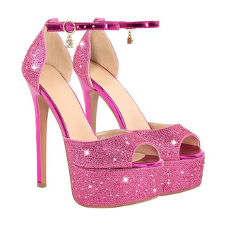 Women's High Heel Sandals in bright pink glitter with ankle strap and stiletto heels, perfect for evening events.