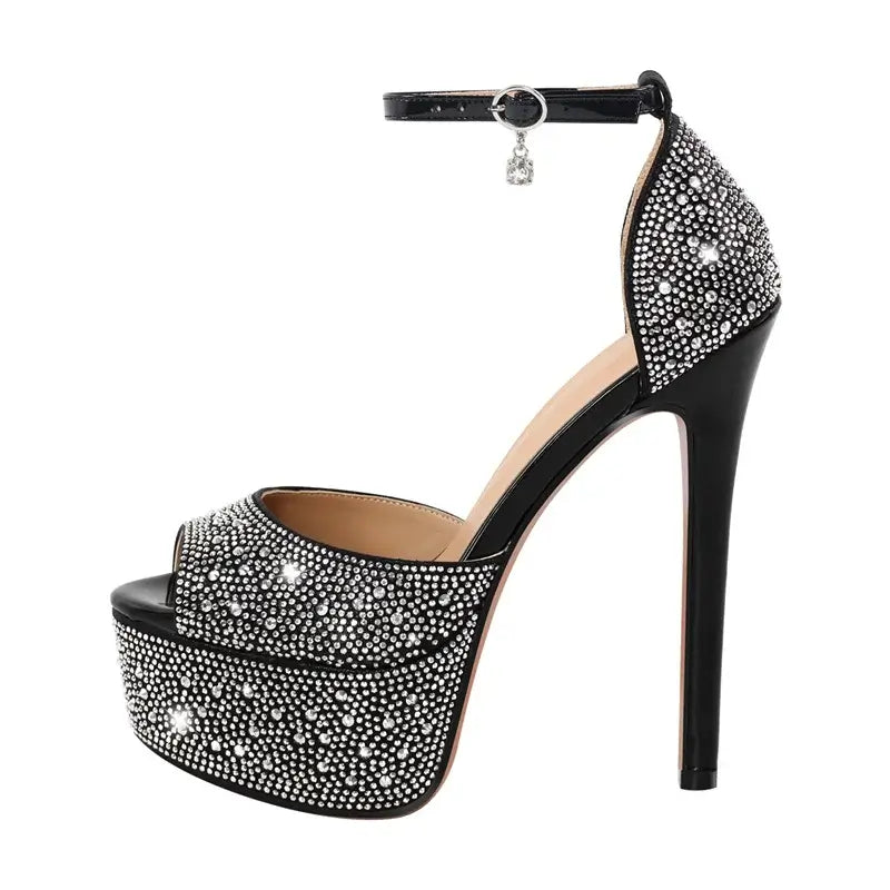 Women's High Heel Sandals with glitter and ankle strap, showcasing a stunning sequined design and high stiletto heels.