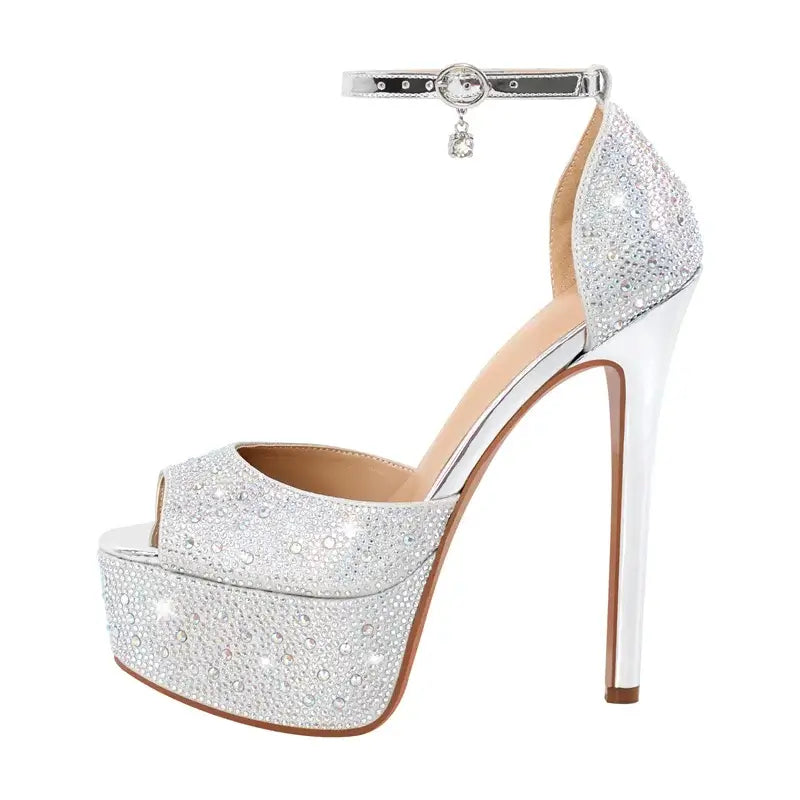 High-quality handmade silver sequin Mary Jane heels with thin ankle strap and platform for elegant evening wear.