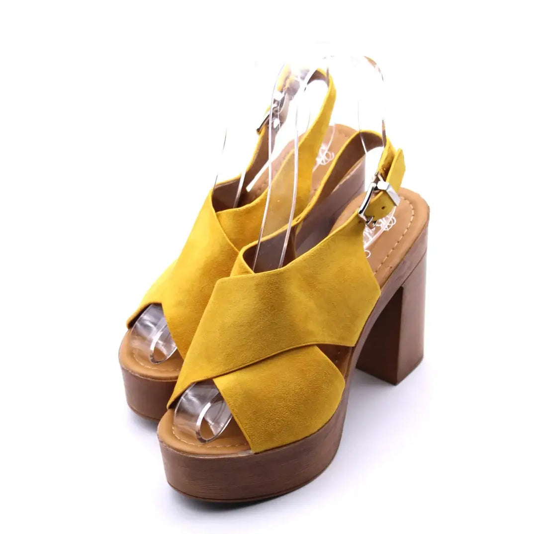 Women's yellow basic platform sandals with adjustable buckle for comfort and style.