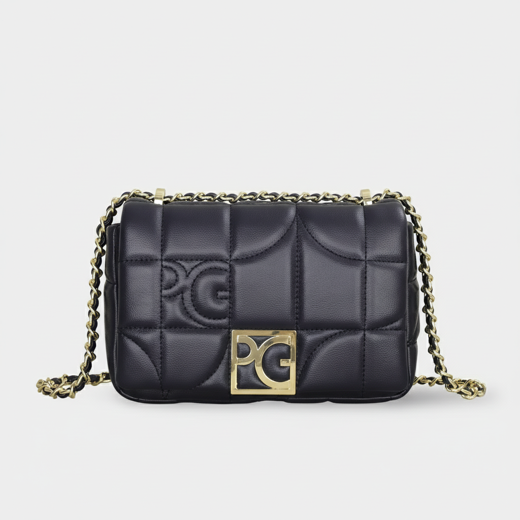 Women’s black quilted leather messenger bag with gold-tone chain strap, perfect for fashionable outings.