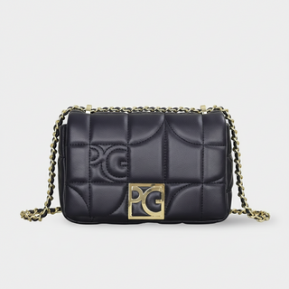 Women’s black quilted leather messenger bag with gold-tone chain strap, perfect for fashionable outings.