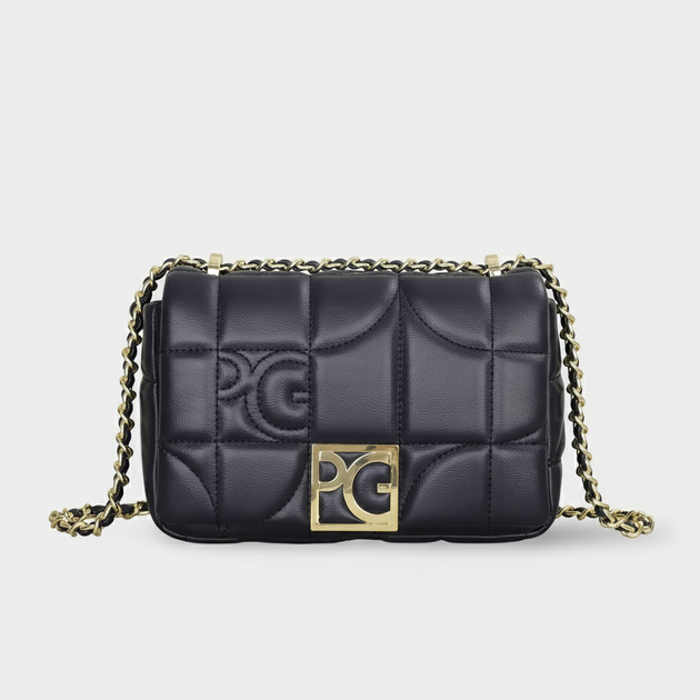 Women’s black quilted leather messenger bag with gold-tone chain strap, perfect for fashionable outings.