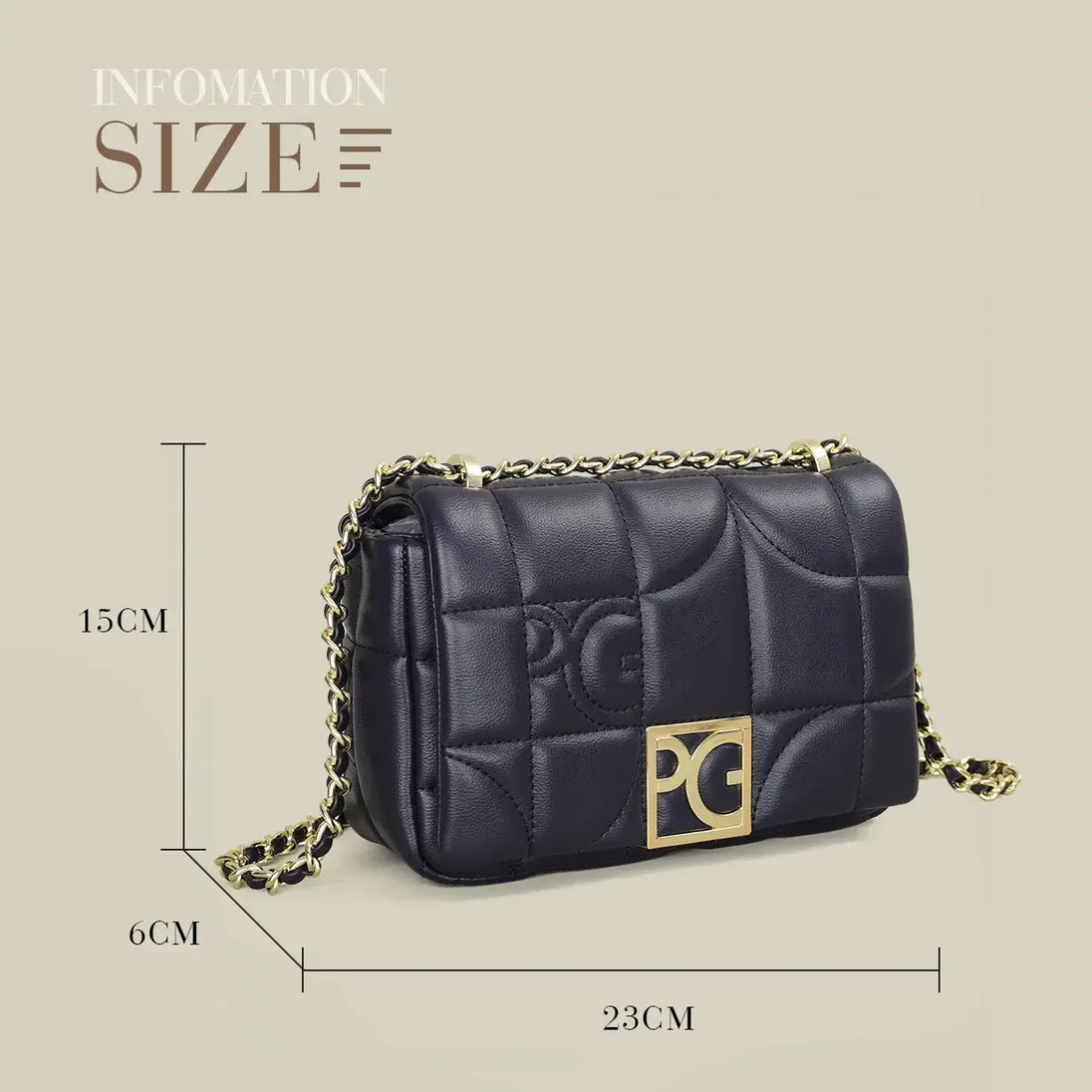 Women’s black leather messenger bag with gold-tone chain strap, quilted design, and sleek square shape.