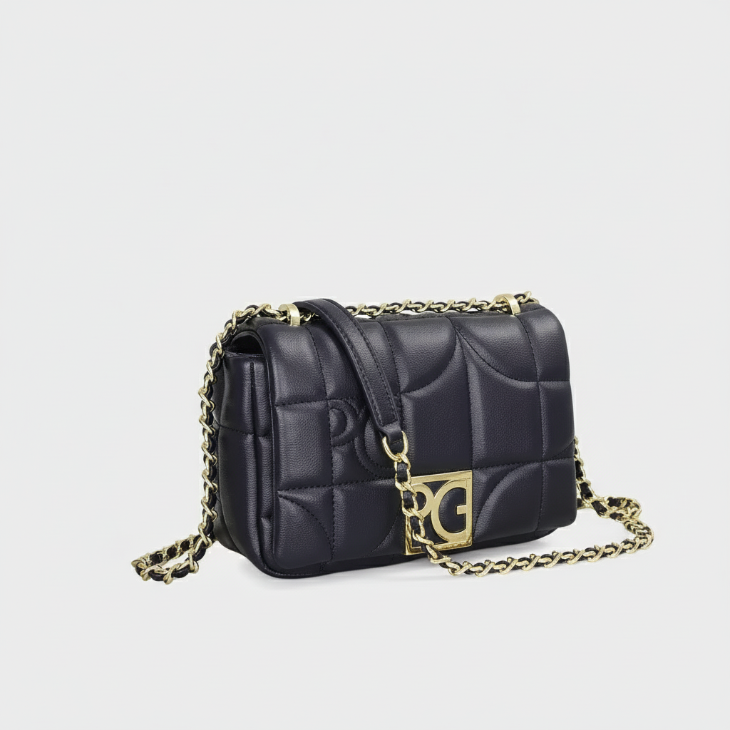 Women’s black leather messenger bag with gold-tone chain strap and quilted design for stylish occasions.