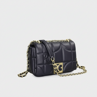 Women’s black leather messenger bag with gold-tone chain strap and quilted design for stylish occasions.