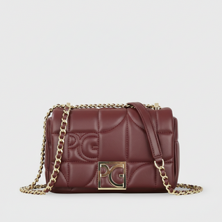 Burgundy quilted leather messenger bag with gold-tone chain strap and sleek square design.