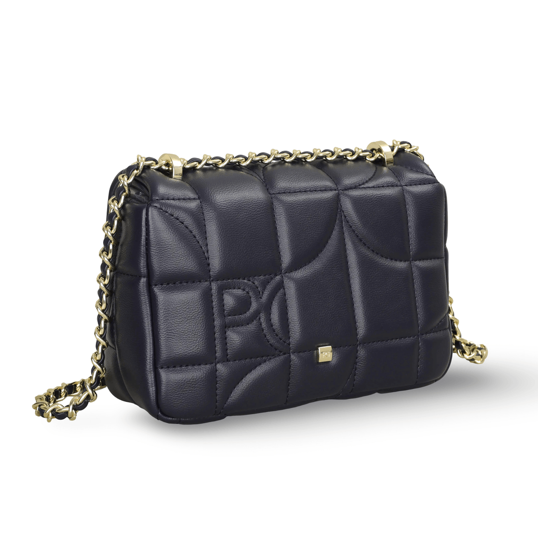 Women’s navy leather messenger bag with quilted design and gold-tone chain strap, perfect for stylish outings.
