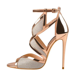 High heels for women in rose gold, crystal ankle strap sandals with elegant 11-12 cm heels for a glamorous look.