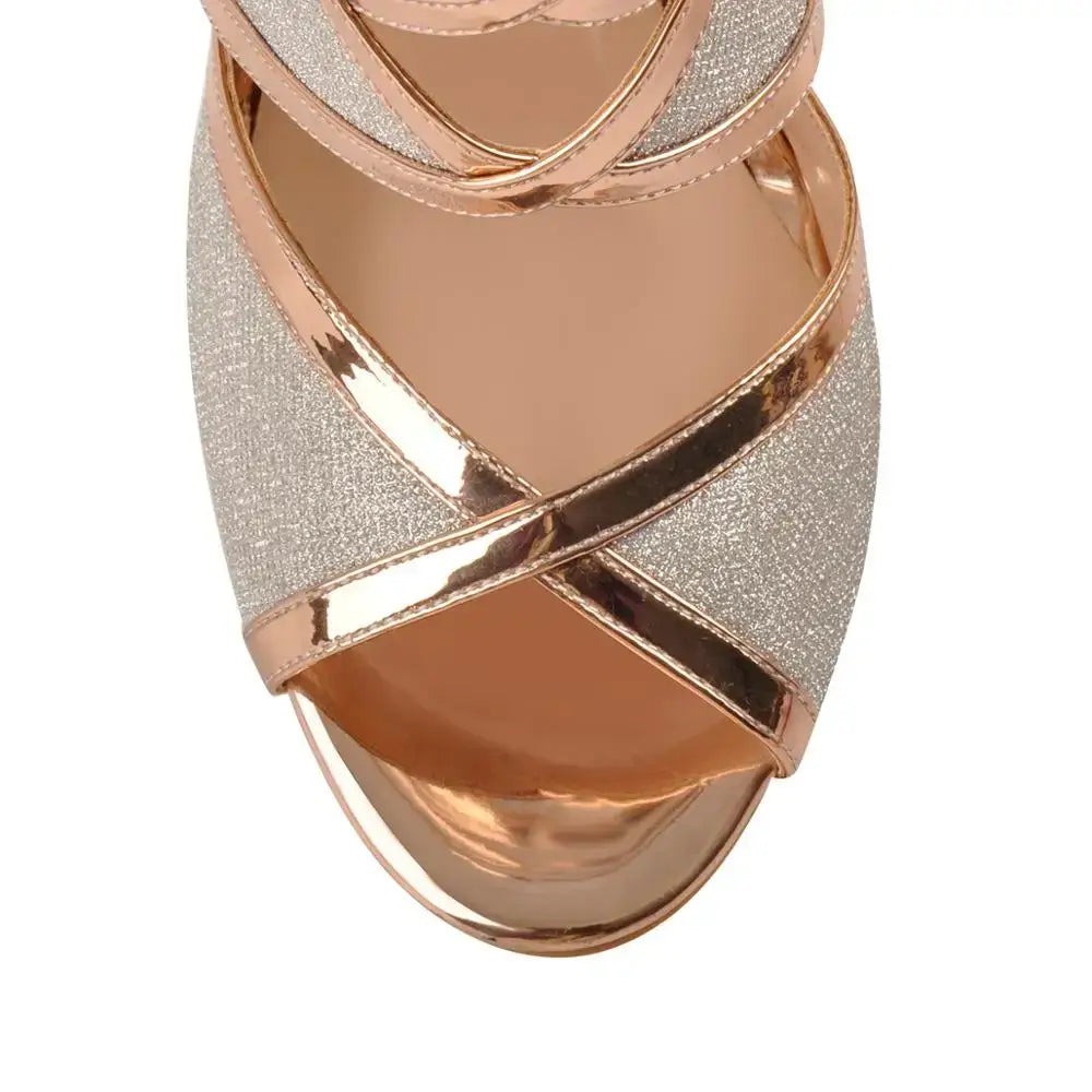 High heels for women, rose gold crystal ankle strap sandals, elegant design with shimmering embellishments.